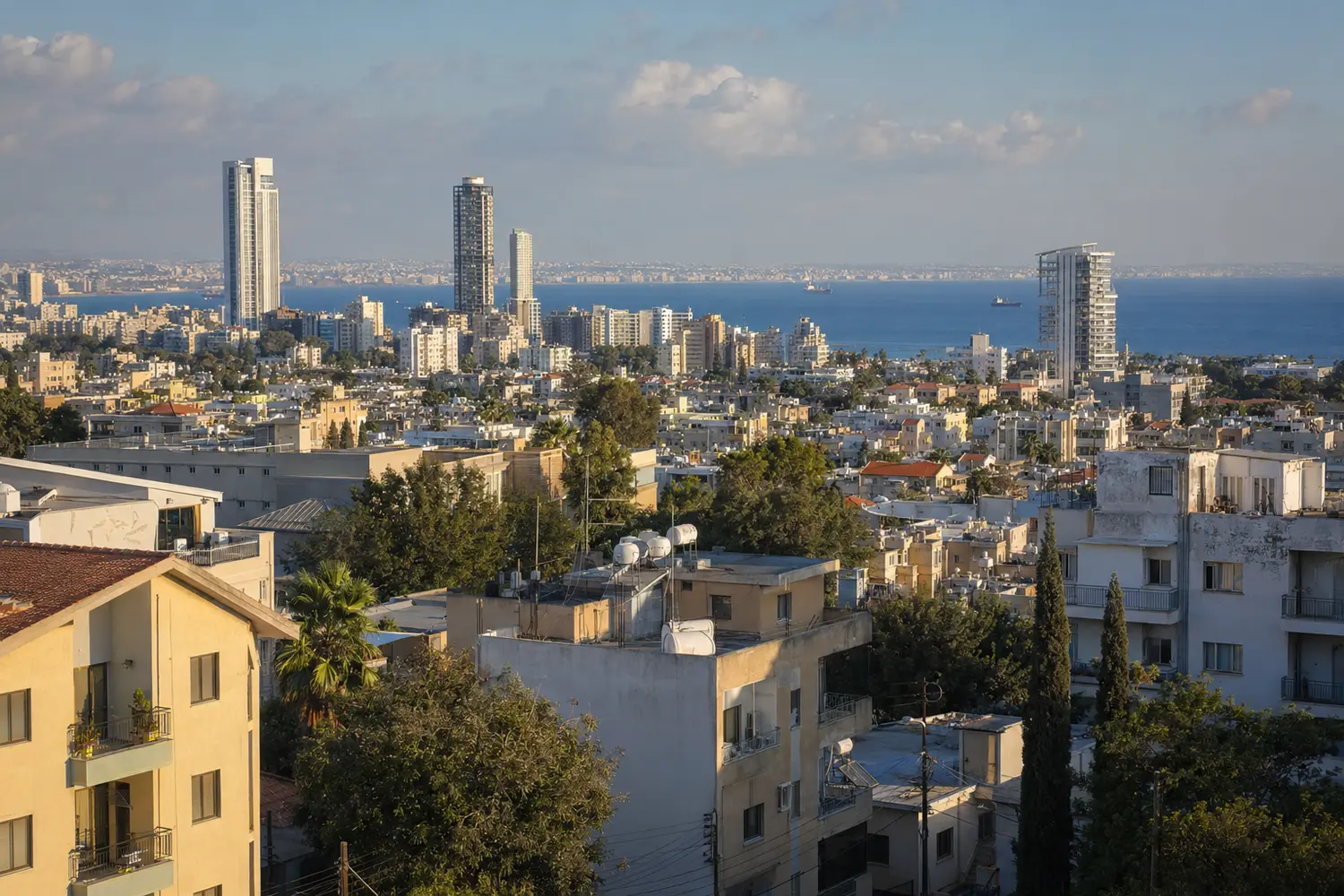 מבט על שכונות המגורים וקו החוף העירוני של לימסול