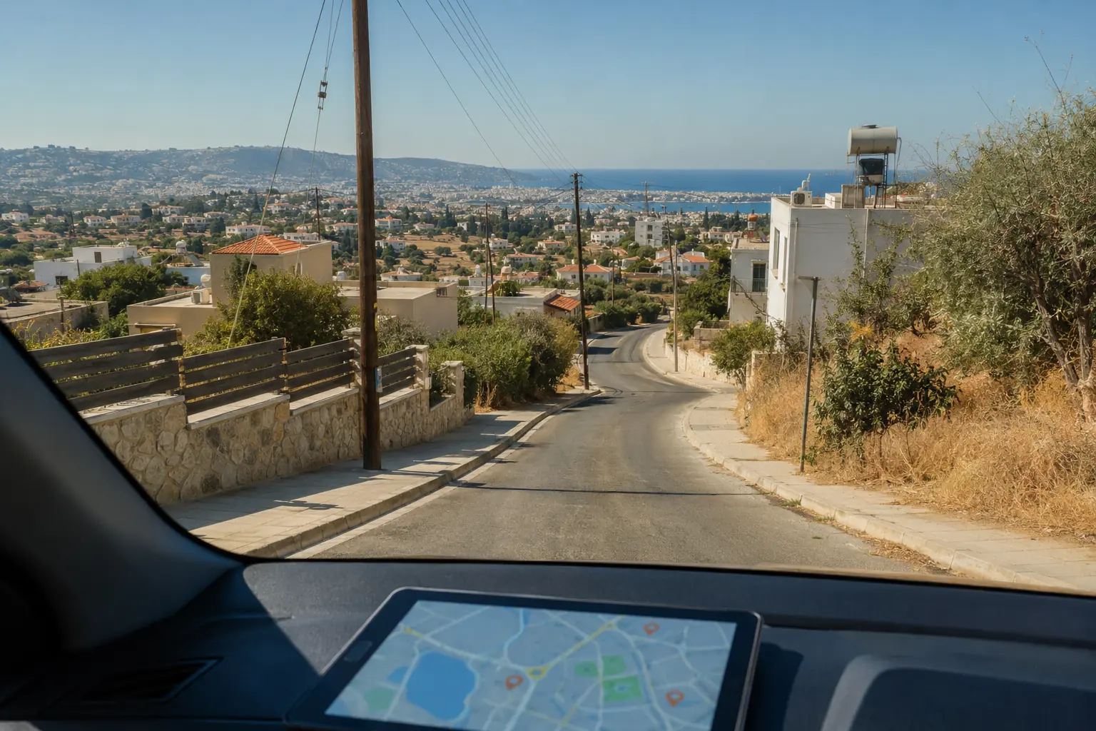 מבט מתוך רכב במהלך סיור באזורי מגורים בפאפוס מבט מתוך רכב במהלך סיור באזורי מגורים בפאפוס